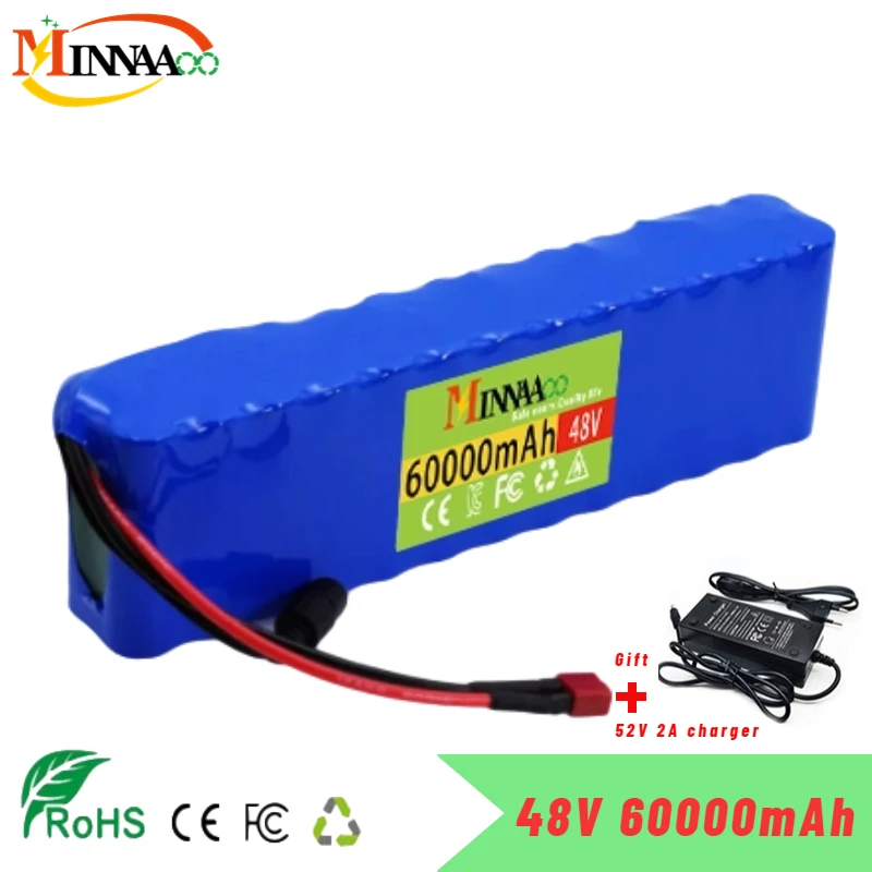 

High Capacity 13S2P 48v 60Ah 18650 Li-ion Battery for Bafang Electric Bike Retrofit Kit 1000w 54.6V 2A Charger + XT60 Plug