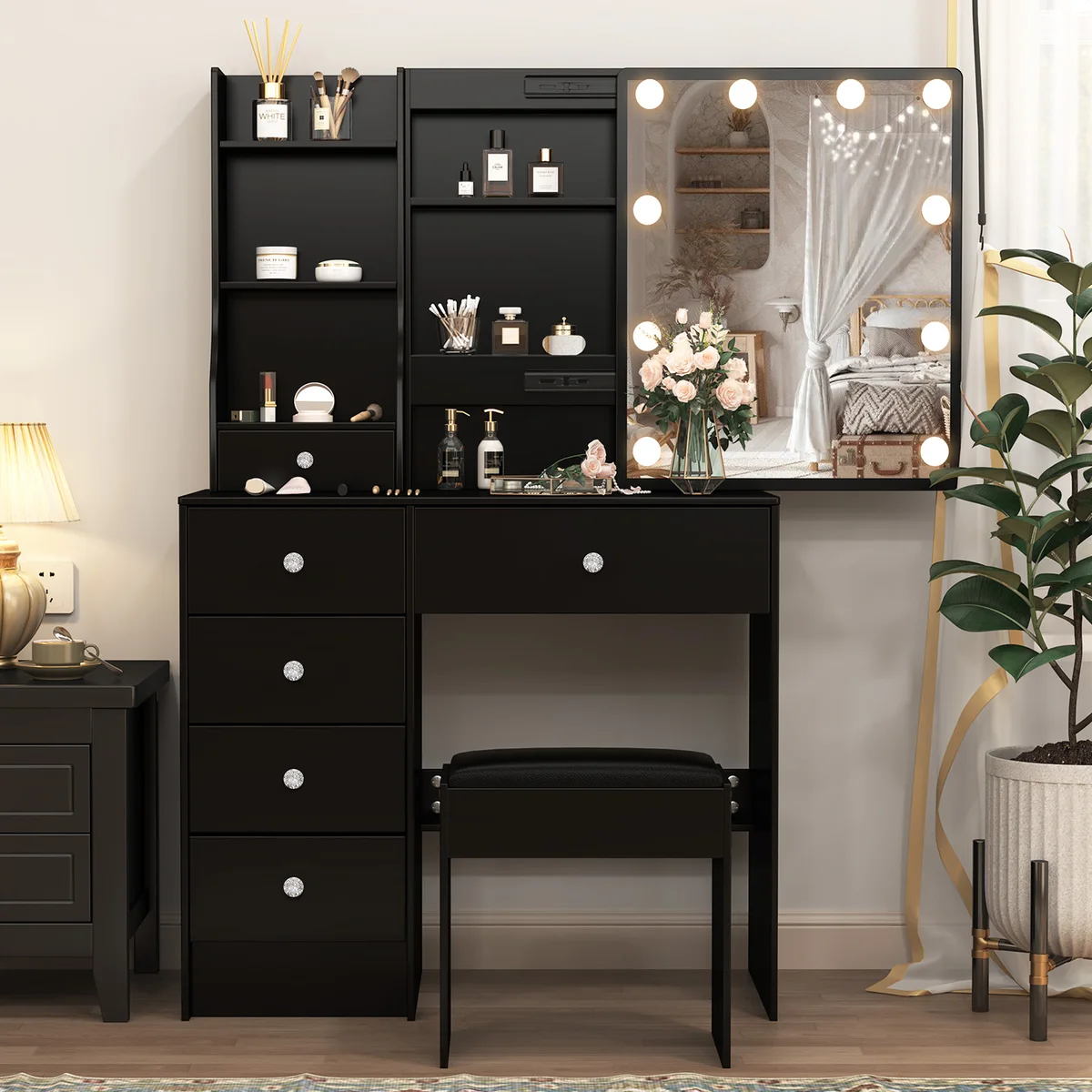 Rustic wooden makeup vanity with lit mirror: three adjustable lights, drawers & storage shelves — view 3