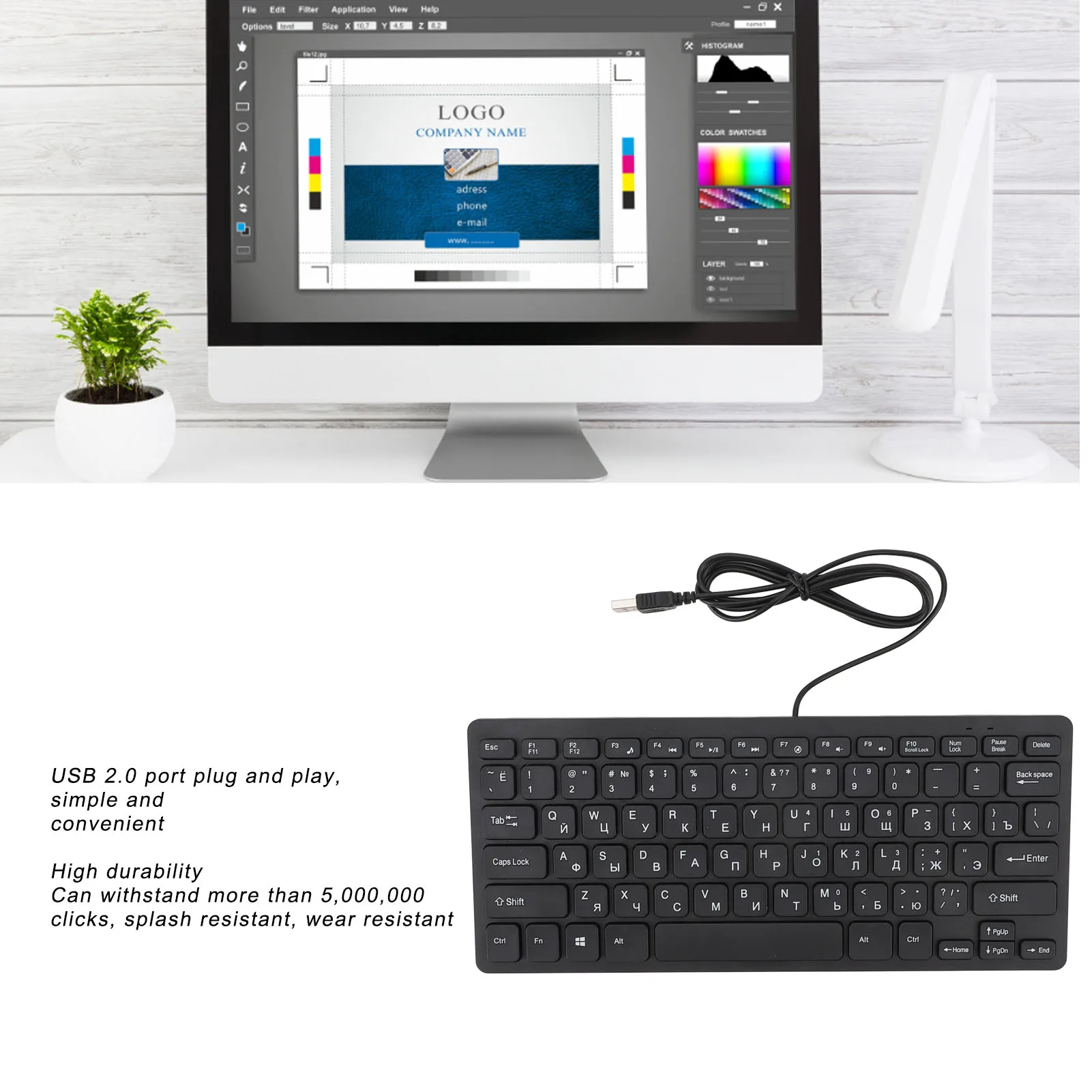 Slim USB Wired Keyboard with Ergonomic Buttons – Russian/Arabic Language, 78 Keys