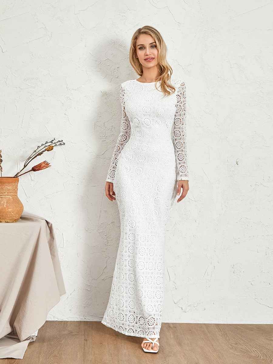 

New Fashion Women Knit Long Dress Elegant Flower Jacquard Long Sleeve Backless Dress Hollow Out Crochet Beach Dress S-XL