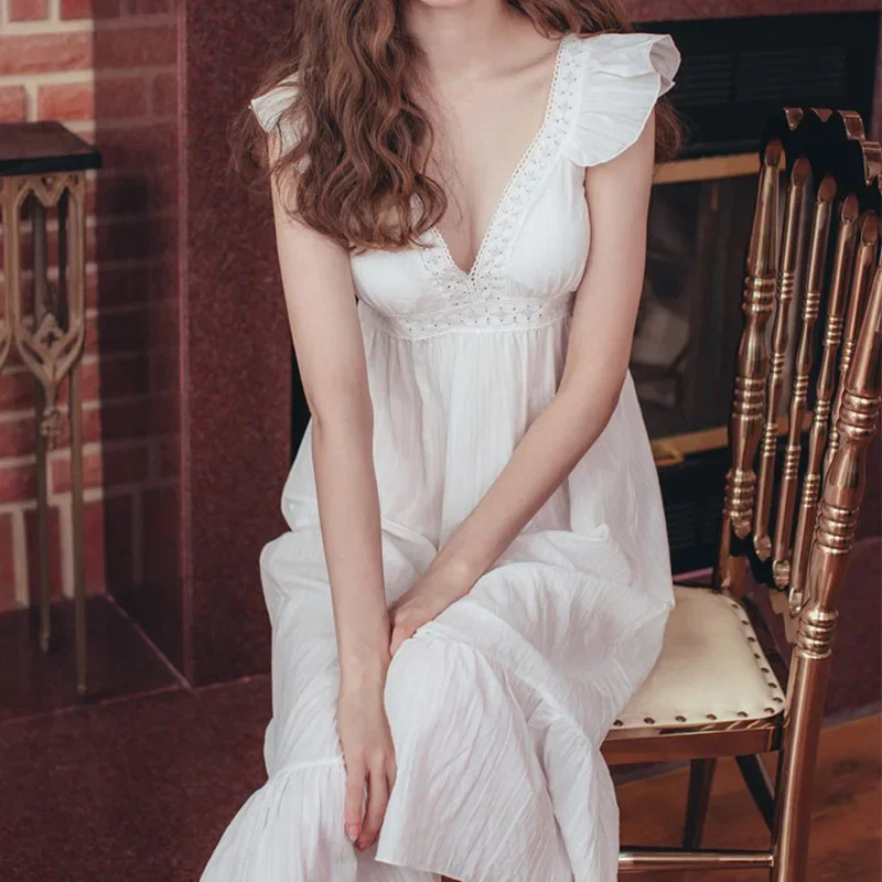 

Summer Sleeveless Women Nightdress Backless Sexy Solid Ladies Nightwear V Neck Ruffles Design Princess Sleepwear for Female