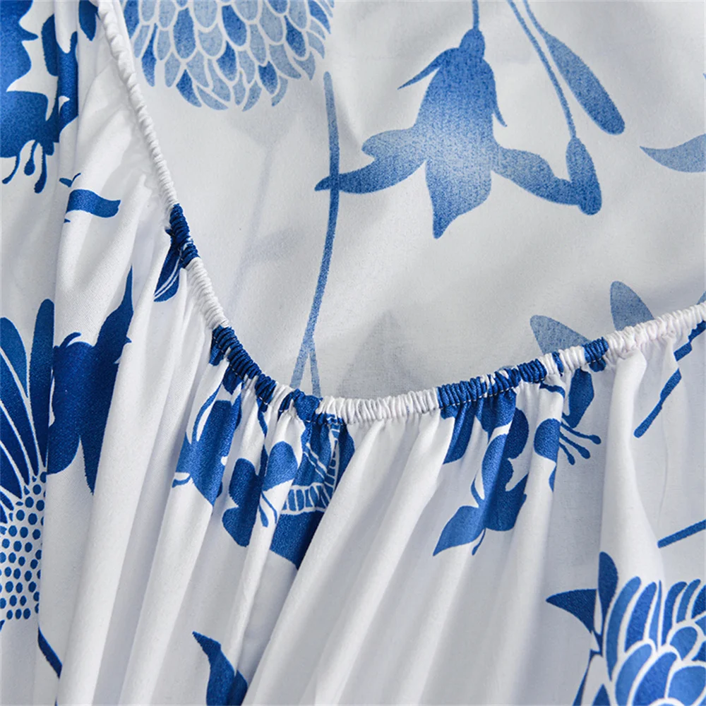 Twin Fitted Bed Sheet with Elastic Blue Flower Printed Bed Cover Single/Queen/King Bed Linen Reactive Printed Mattress Cover 180 4