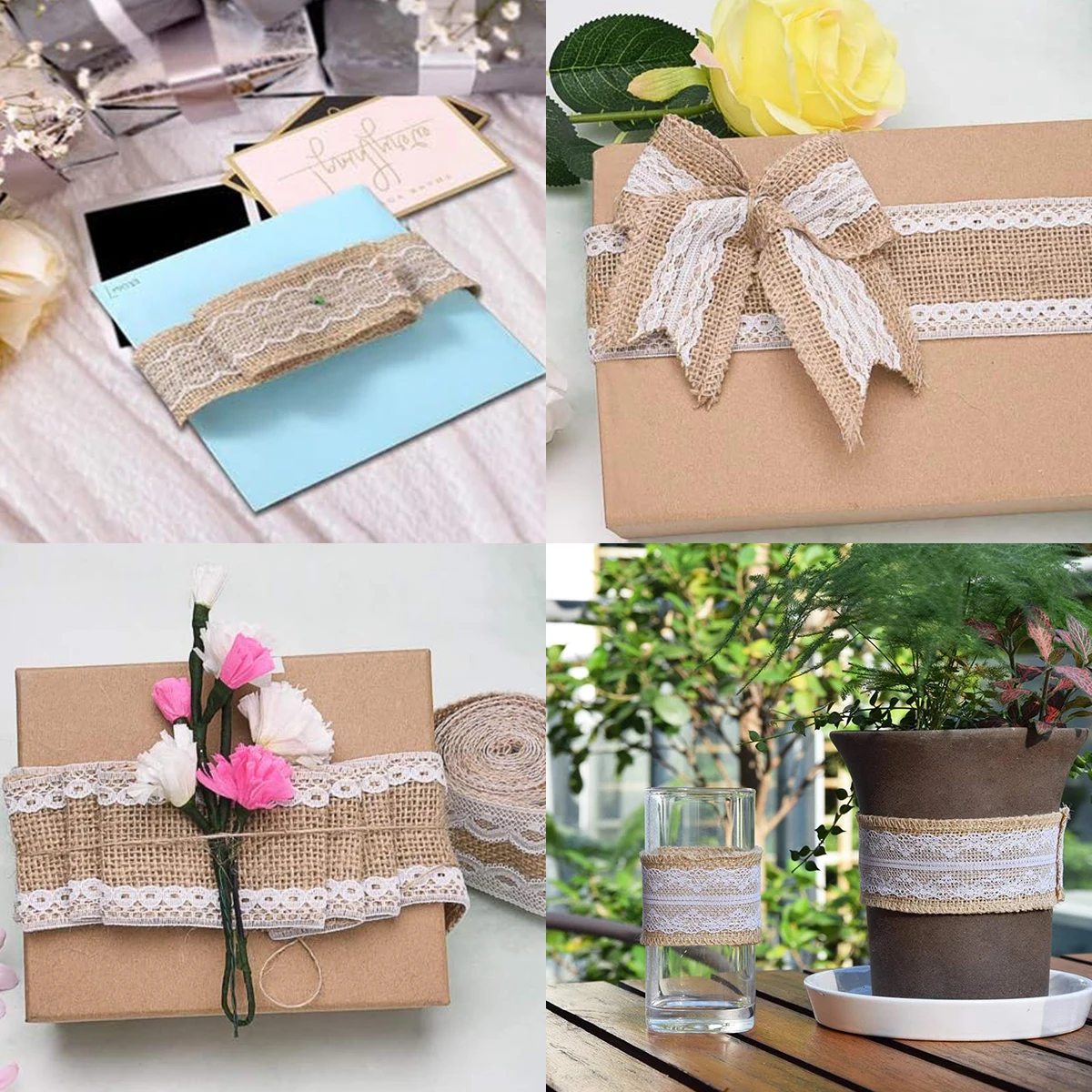 2yards/roll Natural Lace Linen Jute Ribbons Wedding Decor DIY Handcraft Gift Rutual Flower Bouquet Pack Party Decor