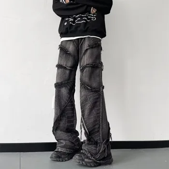 HOUZHOU Y2K 펑크 블랙 아메리칸 스트리트 록 레트로 하이 웨이스트 오버사이즈 청바지, 날것 가장자리 워싱 다크웨어, 와이드 레그 팬츠