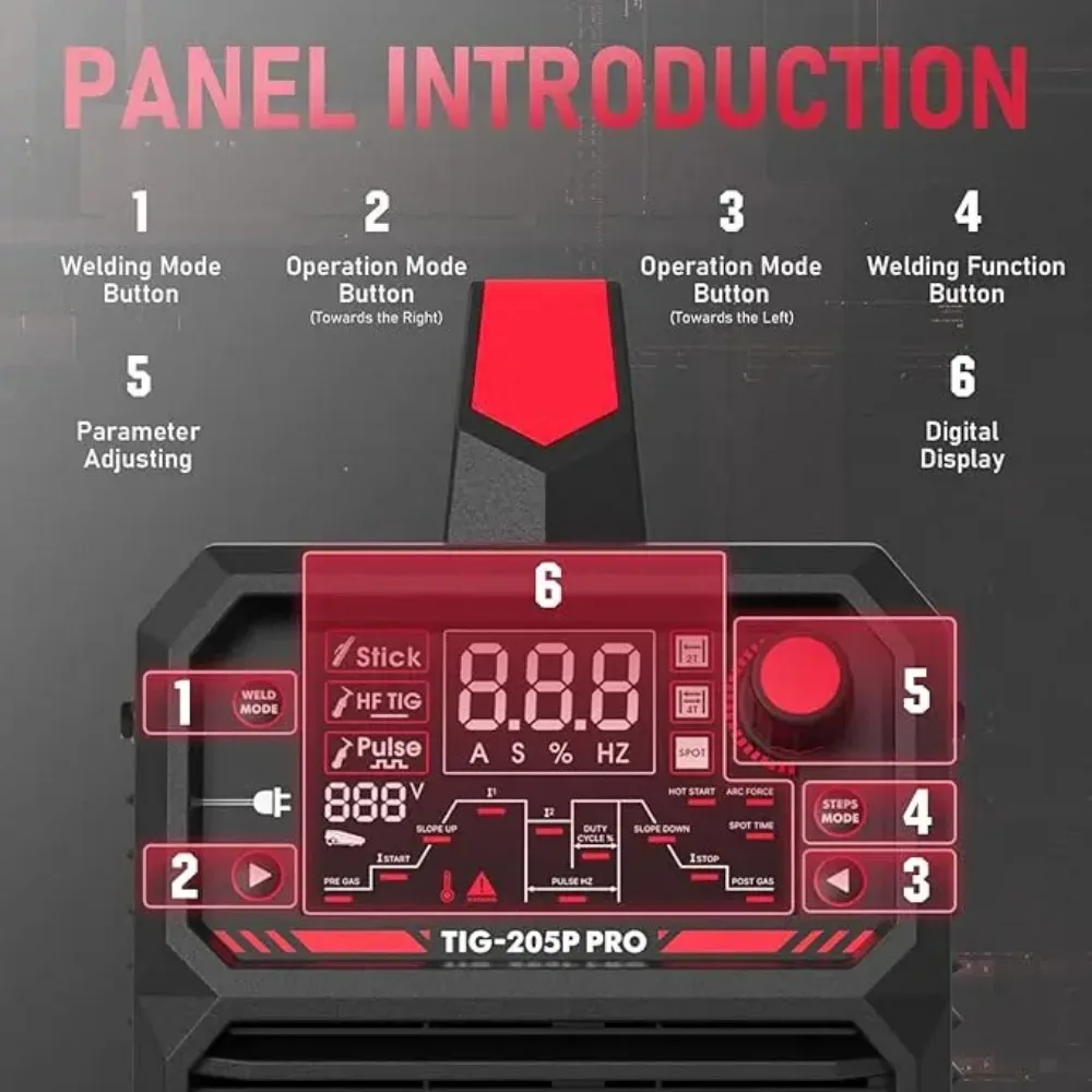 TIG Welder With Pulse 205Amp Large LED Display STICK/DC TIG/PULSE TIG 3 In 1 110&220V Dual Voltage TIG Welding Machine TIG-205P 5