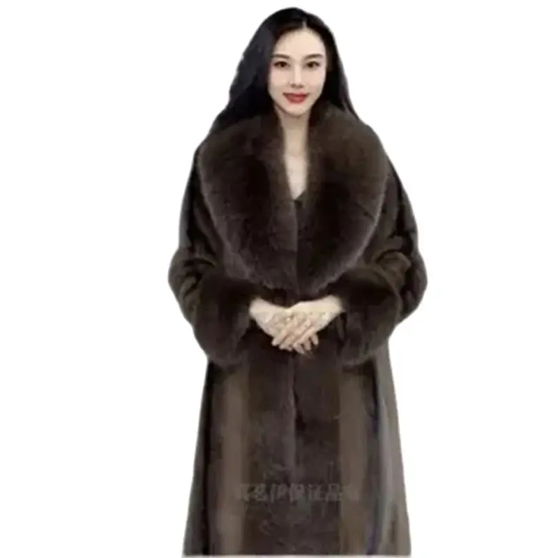 여성용 중간 길이 밍크 모피 코트, 모조 여우 모피 칼라 코트, 유럽 밍크 모피 통합 따뜻한 가디건, 2023 겨울 신상