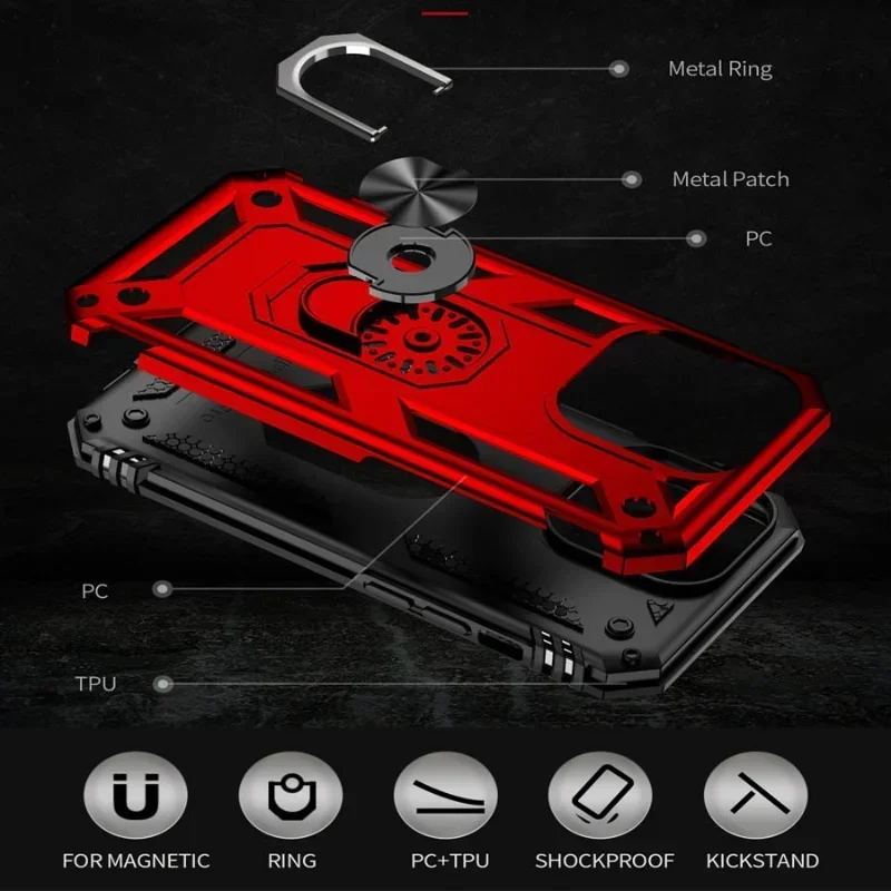 Shockproof Armor Bumper Case with Finger Holder and Magnetic Metal Ring Cover