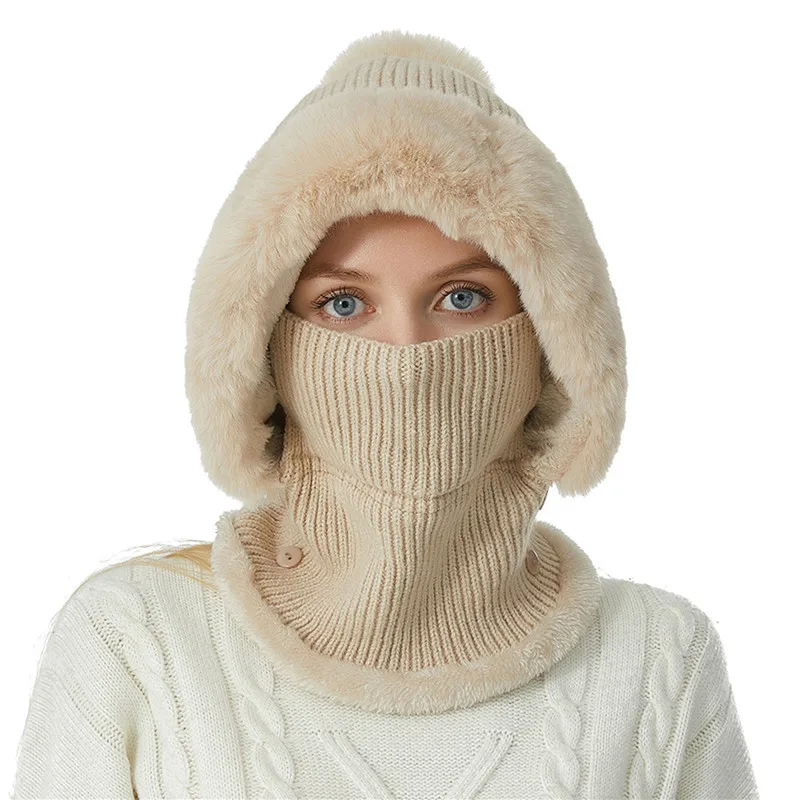

Women's Hat Collar All-in-one Plush Suit Knitted Warm Thickened Ear And Neck Protection Men's Ski Outdoor Wind Mask Hat
