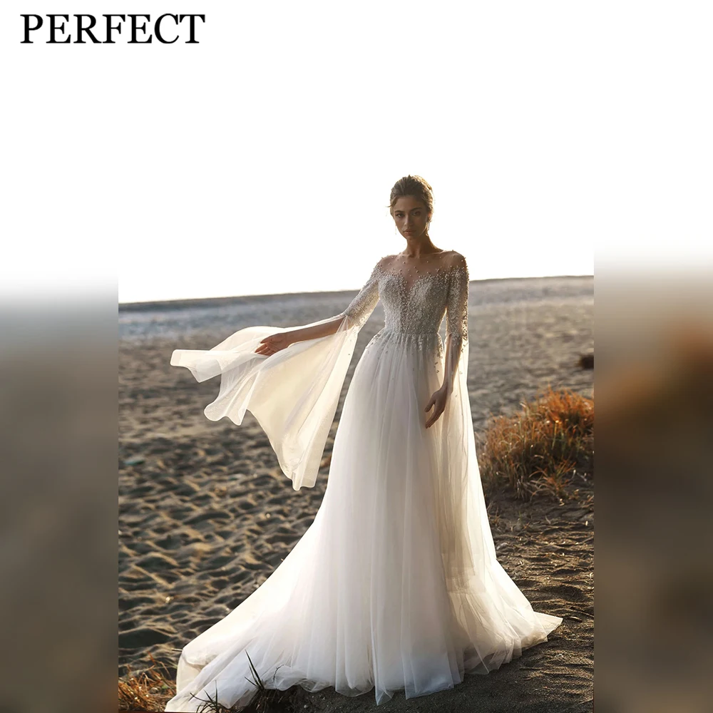 

PERFECT Wedding Dresses For Woman A-line Exquisite V-Neck Beading Court Train Illusion Back Custom Made Luxury Robe De Mariée