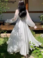 Horetong Elegant Maxi Dresses For Women White Off Shoulder Puff Long Sleeve Elastic High Waist Party Gown Ruffle Holiday Dress - Image 2