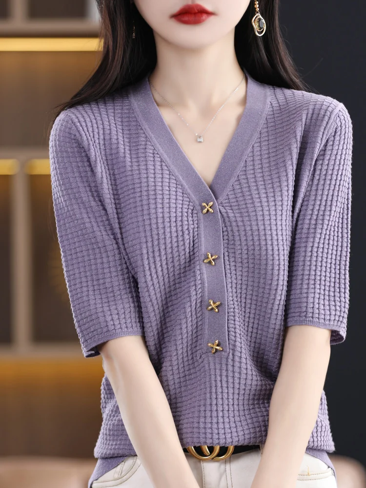 

Spring Summer 30% Merino Wool Pullover Sweater For Women V-neck Plaid Half-sleeve Cashmere Knitwear Female Clothing Basic TOP