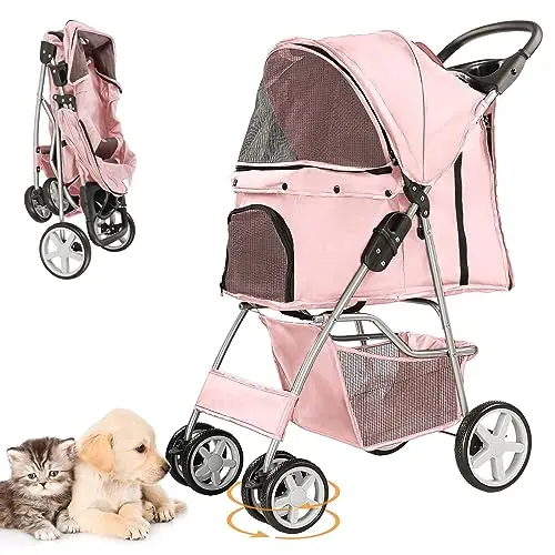 

Pet Stroller for Small Dogs and CatsQuick-Folding Portable Travel Cat Dog Stroller with Storage Basket and Cup Holder, 4 Wheels