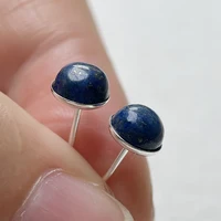 Simple 6mm Round Dark Blue Natrual Lapis Lazuli Stone Pure 925 Sterling Silver Stud Earrings For Women Girls Mens Jewelry Gift
