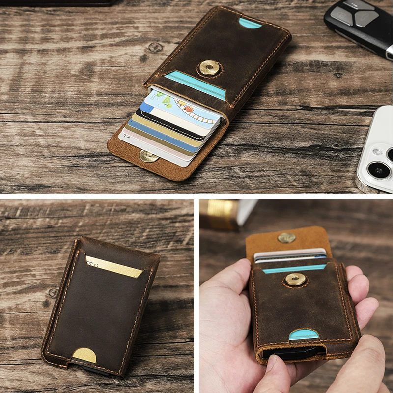 Leather Wallet Men Credit Card Holder Aluminum Box Genuine Leather Slim Wallet RFID Anti-theft