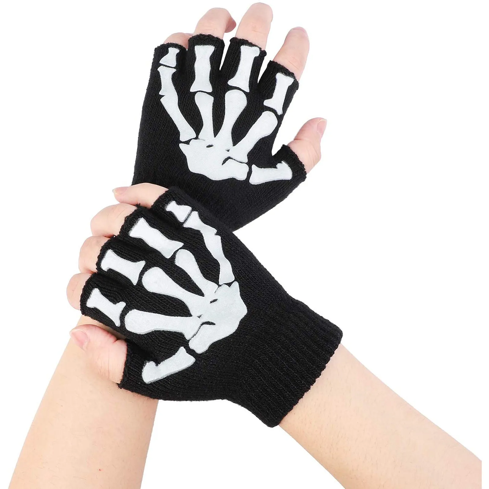 1/2/5 Pairs Halloween Skeleton Skull Luminous Gloves For Kids Punk Style Half Finger Gloves Dark In Warm Mittens перчатки