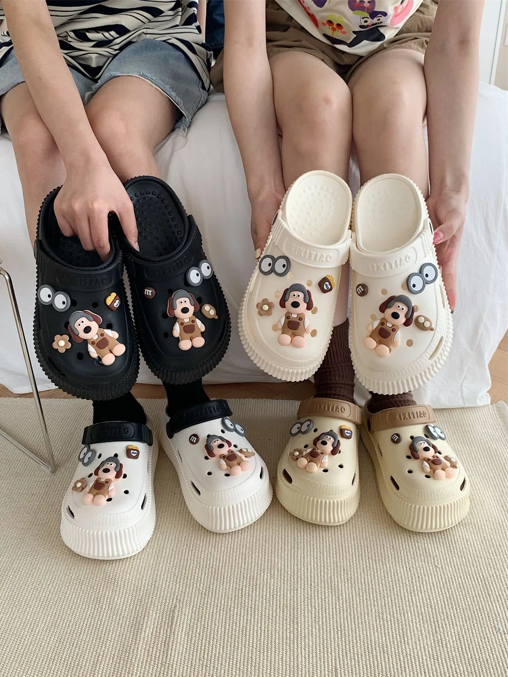 Cute Cartoon Dog Women Slipper Hole Garden Shoes 2023 Summer Outdoor EVA Anti Slip Sponge Cake DIY Thick Sole Sandals Female
