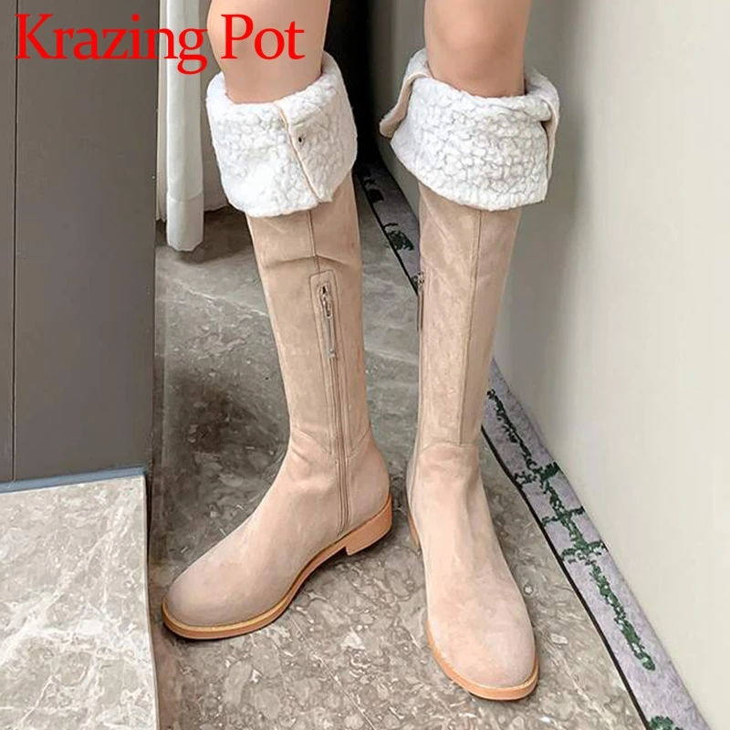 

Krazing Pot Sheep Suede Low Heels Round Toe Snow Boots Keep Warm Fur Rivets Belt Buckle Fashion Cozy Zipper Over-the-knee Boots