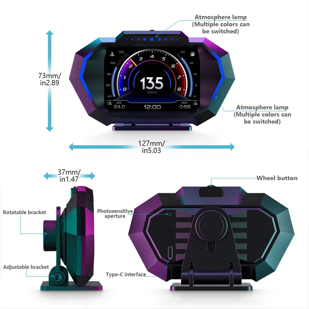 Head up display OBDII Smart digital speedometer meter HUD P24 Car head up display OBD+GPS system Inclinometer Fuel consumption Overspeed alarm