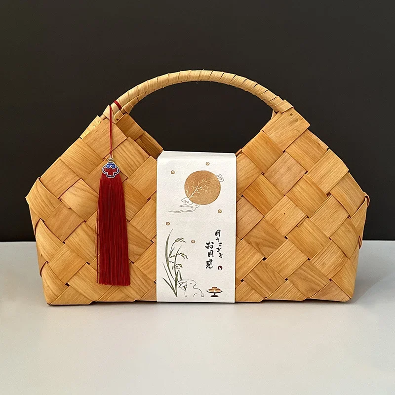 Basket, Diabolo Woven Gift Box Hand-held Basket Japanese Style Wooden Chip Handmade Woven Basket