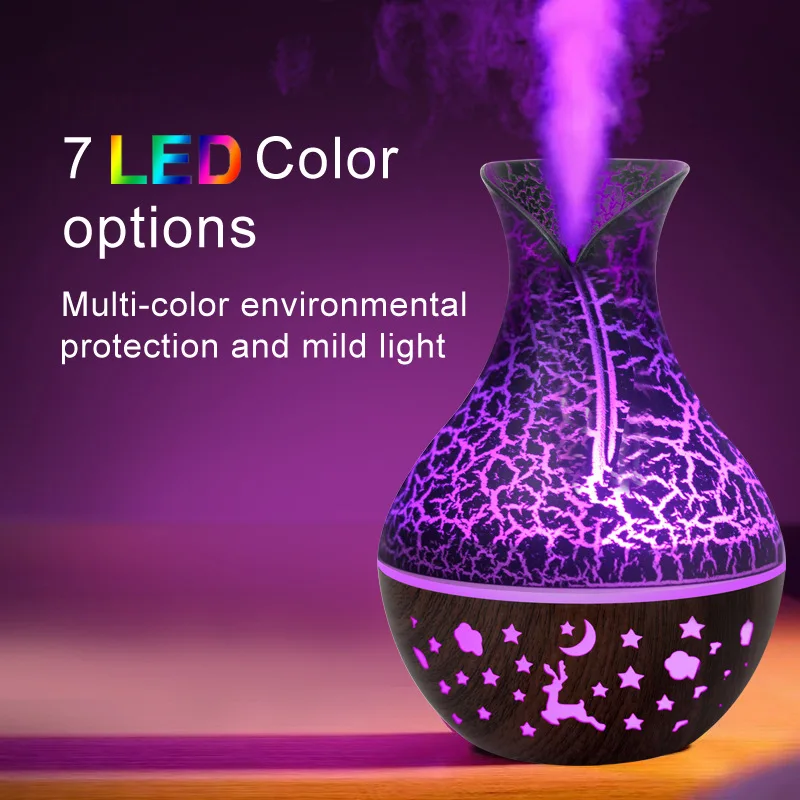꽃병 공기 가습기, 중공 나뭇결 아로마 테라피 에센셜 오일 디퓨저, 7 색 LED 조명, 150ml 신제품
