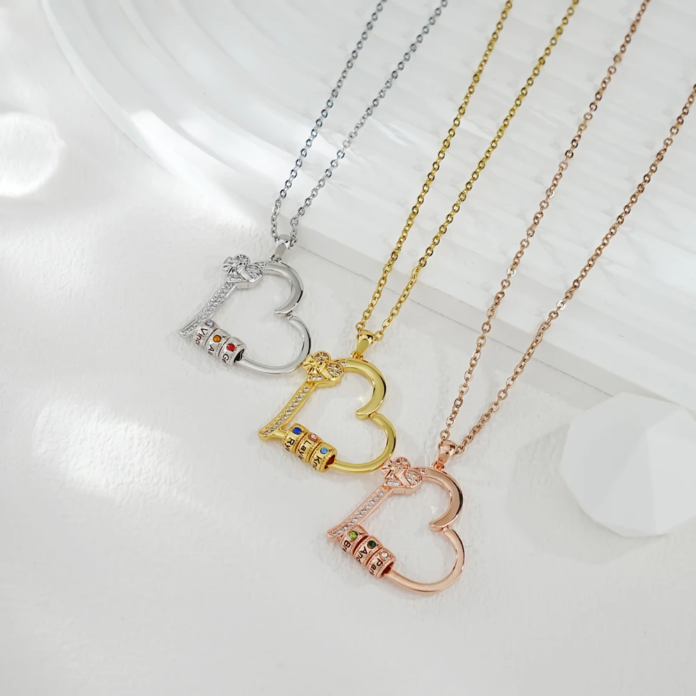 Personalized Birthstone Names Heart Necklace Custom Heart Pendant Bead Necklace Mother's Day Gift Fashion Jewellery Birthday