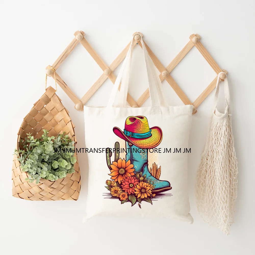 Western Floral Boots Cactus Cowgirl Patches Iron On DTF Heat Transfers Stickers Ready To Press Bags Clothing