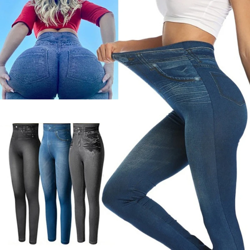 

Women Slim Leggins Printed Pencil Pants Seamless Skinny Trousers Jeggings Faux Denim Jeans Leggings High Waisted Tummy Control