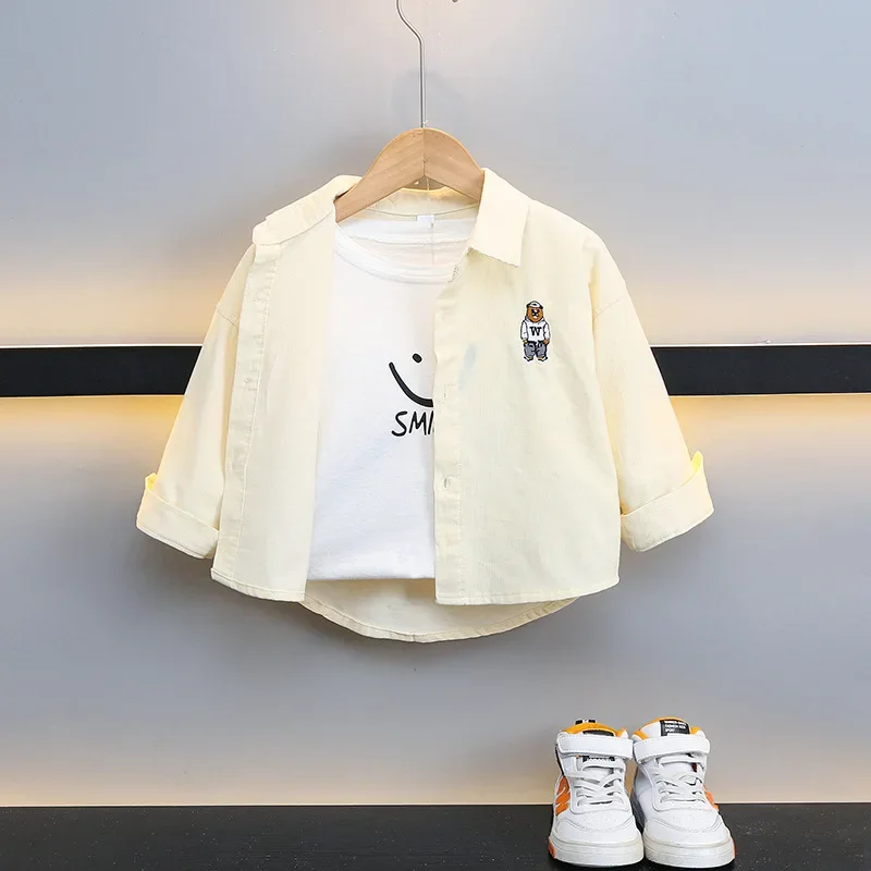 Children's Long Sleeve Shirt Boys' Embroidered Bear Corduroy Jacket Trendy Kids' Clothing Comfortable Soft Material AE Stock