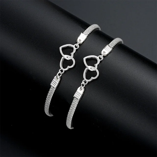 Bracelets de Couple en forme de cœur d'amour pour femmes et hommes, couleur argent, Double couche, chaîne assortie, bijoux cadeau pour amoureux, 1 pièces