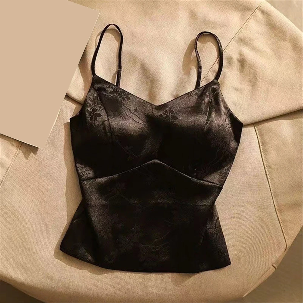 New Camisoles Women Fit Jacquard Satin Bottoming Sleeveless Chinese Style Tops With Breast Pads Summer Sexy Girls Clothing