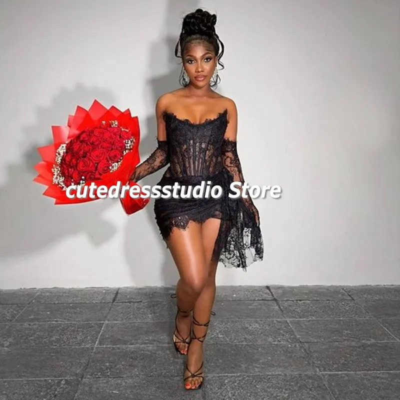 Little Black Cocktail Dresses With Gloves Strapless Lace Short Prom Gowns for Women Birthday Party Dress Vestidos De Graduaci&oacute;n