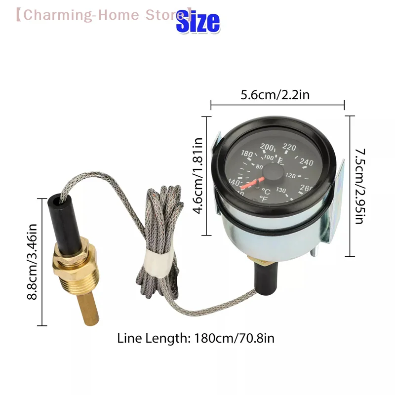 【M】2인치 52MM 기계식 40-130 ℃ /110-265 ℉ 수온계 12V 수온 게이지 자동차 계기판 센서 포함 NPT 1/2