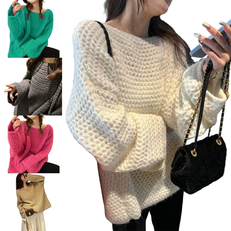 

Women Casual Long Sleeve Crewneck Loose Knitted Pullover Sweaters Jumper Tops