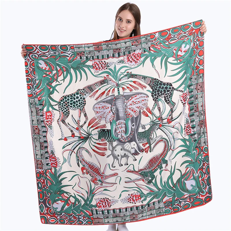 POBING 능 직물 실크 스퀘어 스카프 동물 프린트 여성 스카프 & 랩 기린 Neckerchief 스페인어 Foulards 캐시콜 대형 두건