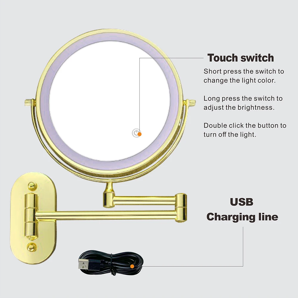 8 inch Makeup Mirror Golden 3x/5x/7x/10x Magnifying Double Side USB Charging Bathroom 3 color light Smart Cosmetic Mirrors 3
