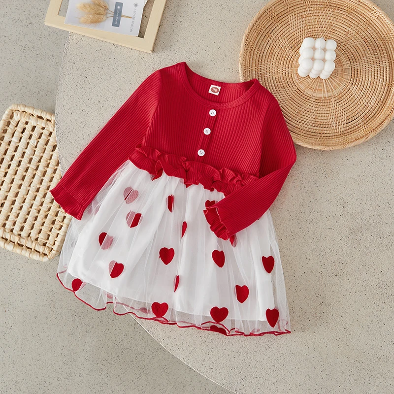 

Suefunskry Infant Toddler Long Sleeve Tutu Dress Round Neck Heart Mesh Print 3D Bow Frill Princess Dress for Baby Girl