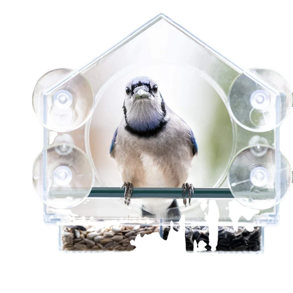 Bird Feeder Bird Supplies Acrylic Clear Glass Window Birds Hanging Feeder Birdhouse Food Feeding House Table Seed Cup Transparent Windowsill Birdfeeders