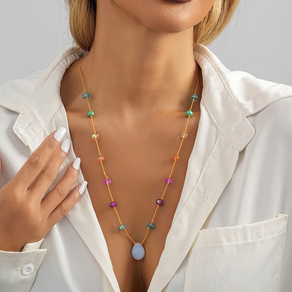 

Popular Creative Multi Color Crystal Stone Pendant Necklace Personality Trend Charm For Women Romantic Prom Jewelry Gift
