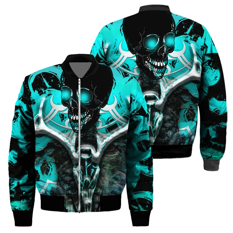 3D digital printed bomber jacket for men's autumn and winter clothing plus versized sportswear long sleeved casual skull jacket