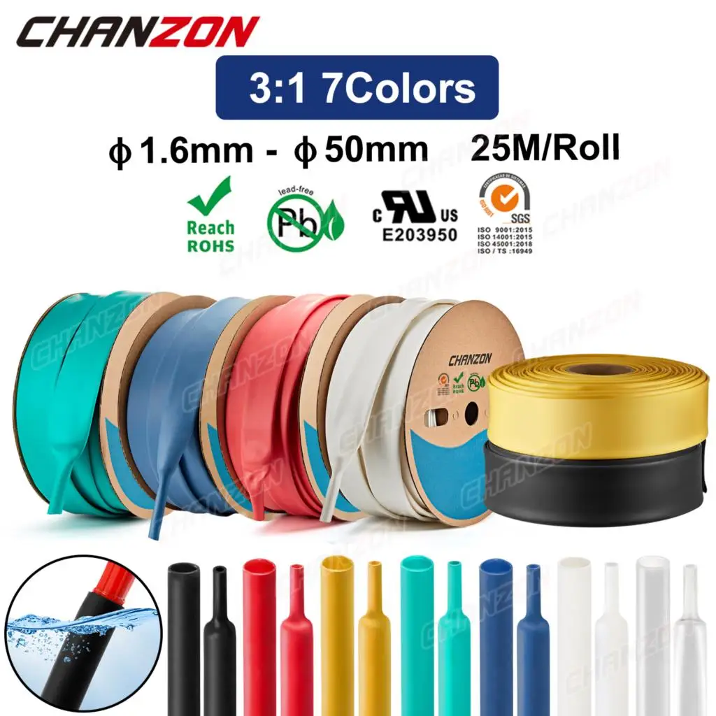 25M/Roll 3:1 7 Colors Φ1.6mm - 50mm Heat Shrink Tube Adhensive Lined Double Wall With Glue Marine Grade Polyolefin Wire Tubing