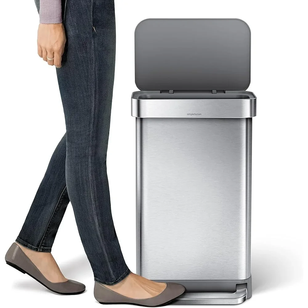 Hands-Free Kitchen Trash Can 45L Rectangular Soft-Close Lid Brushed Stainless Steel Step Pedal Silent Close Liner Pocket Durable 5