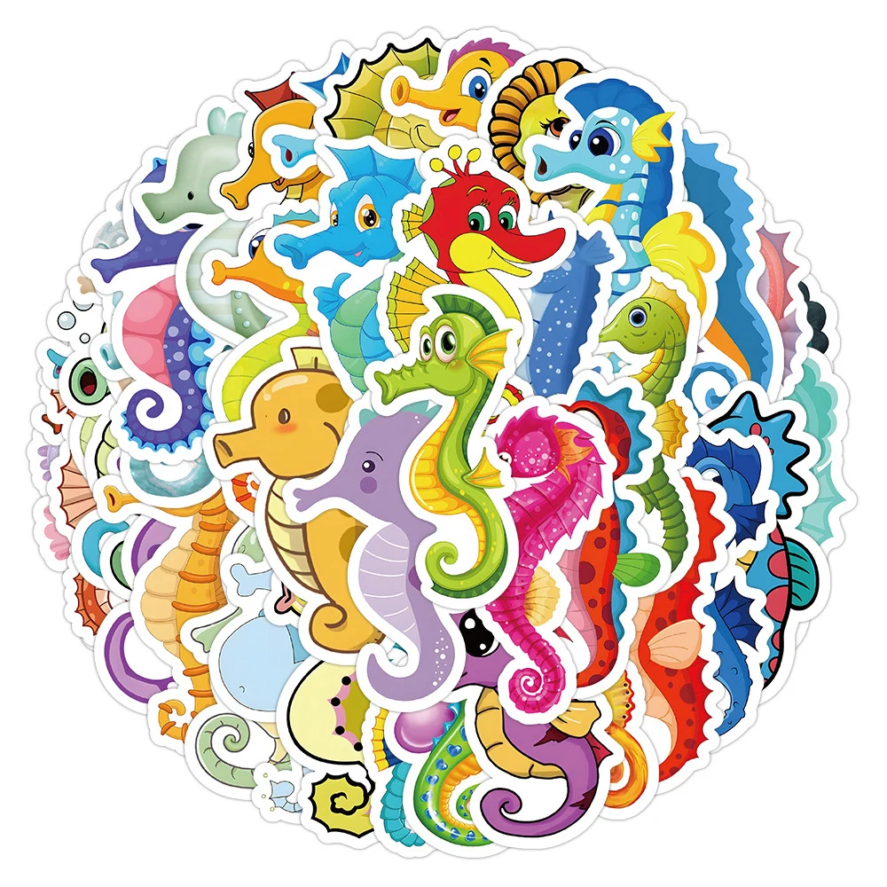 10/30/50pcs Colorful Cartoon Animal Seahorse Hippocampus Japonicus Stickers DIY Laptop Suitcase Fridge Waterproof Kids Sticker 130 pcs pink stickers toy for kids waterproof unicorn flamingo animal cartoon sticker to diy skateboard laptop suitcase fridge