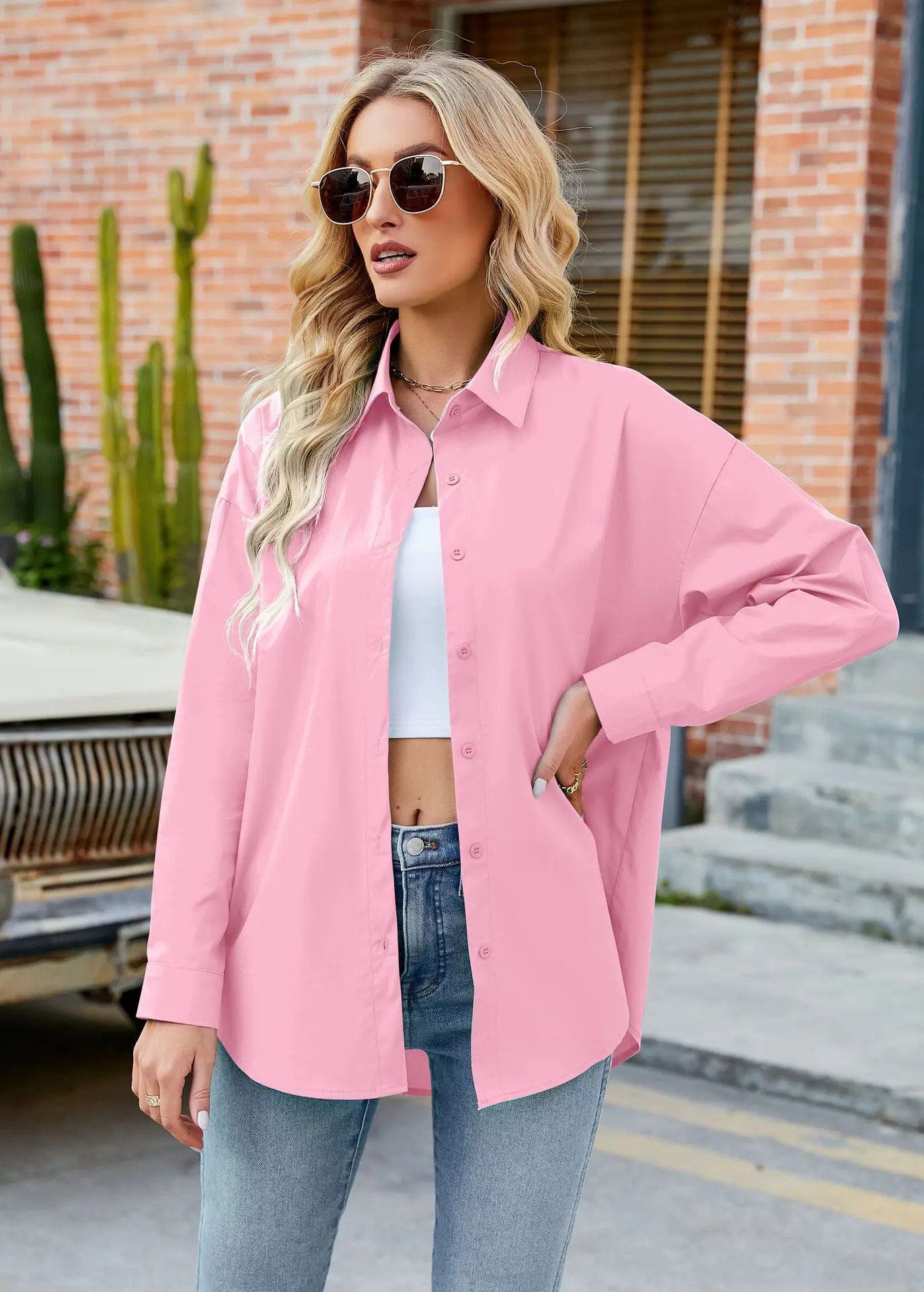 Womens Clothing V-neck Solid Button Long Sleeve Casual Blouse