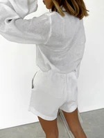 Women Outfit Cotton Linen Two-piece Set Summer Single Breasted Shirt Suits Black White Contrasting Color Shirt Shorts Set - Image 2