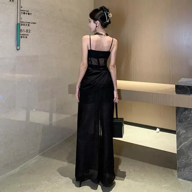 Women's Summer Slim Long Black Sheer Transparent Dresses Women Clothing 2024 NEW Arrival