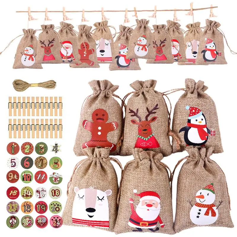 DIY Christmas Advent Calendar Gift Bags 24 Days Christmas Countdown Bags Merry Decor For Paper Clips Stickers 24Pcs