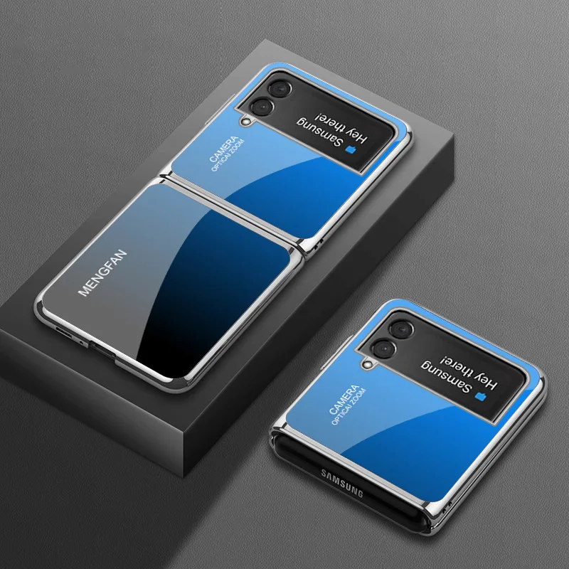 

Vintage Blue Gradient Glass Case for Samsung Z Flip4 Case Flip3 Elegant Plating Shockproof Shell for Galaxy Z Flip 3 Case