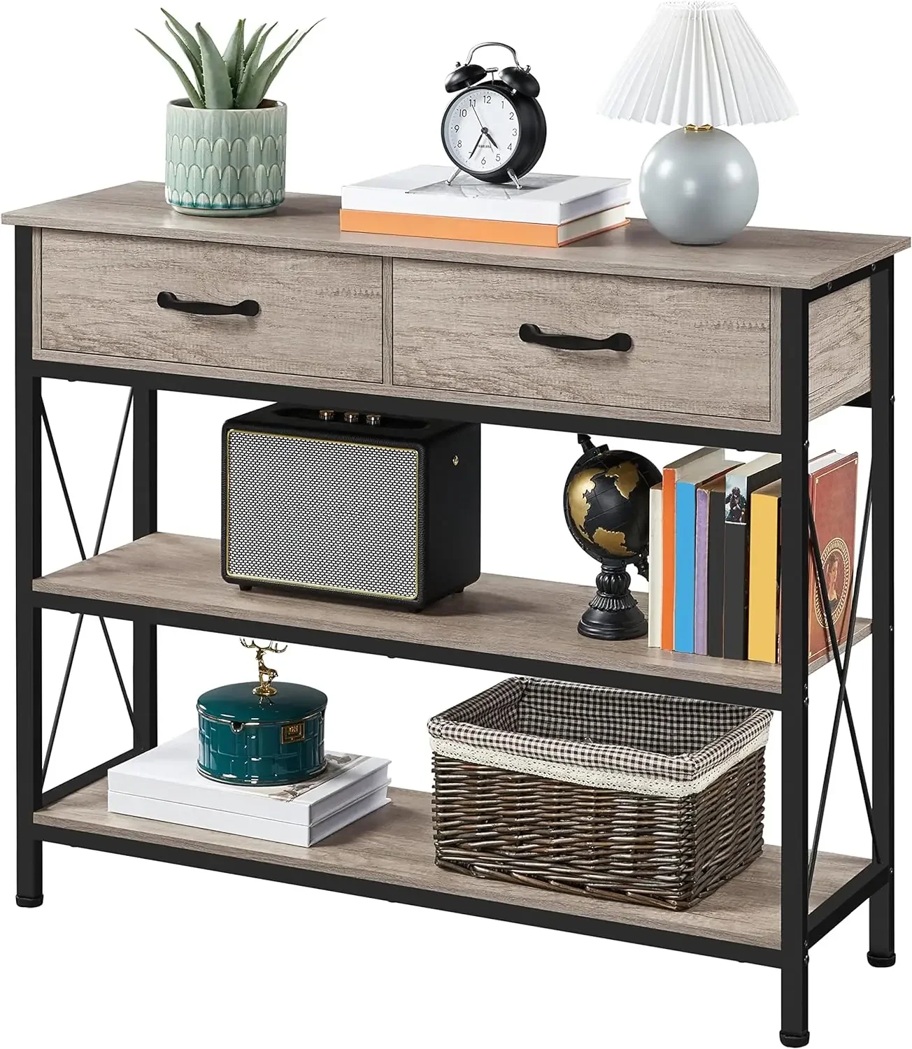 

Console Table with 2 Drawers,3-Tier Entryway Table with Storage Shelves,Narrow Long Sofa Couch Table for Living Room,Metal Frame