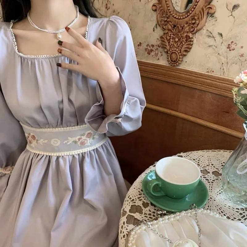 

Spring French Elegant Dress Women's Sweet Floral Stitching Dress Purple High Waist Casual Korean Vintage Party Midi Dress 2024
