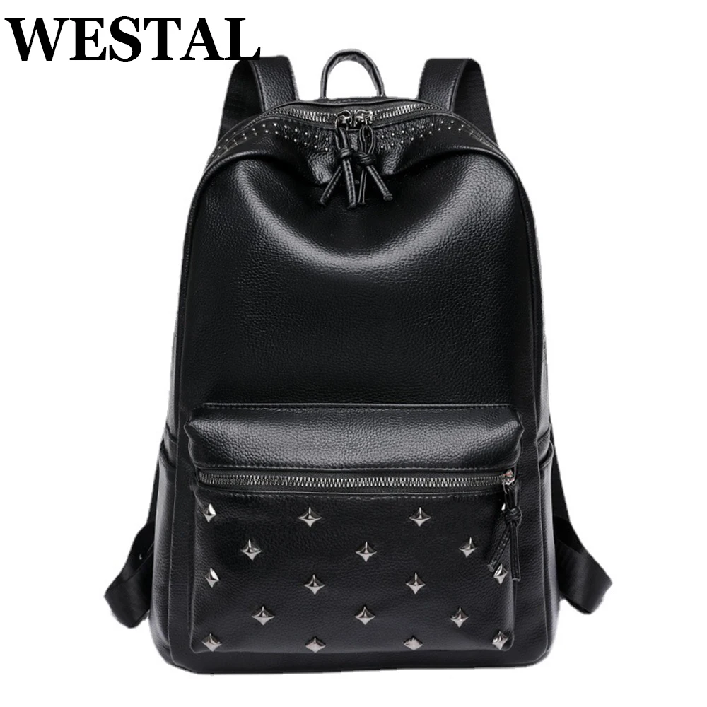 

WESTAL Ladies Backpack Travel PU Leather Casual Fashion Female Rivet Handbag Bagpack Teenger Girl School Bags Small Black Color